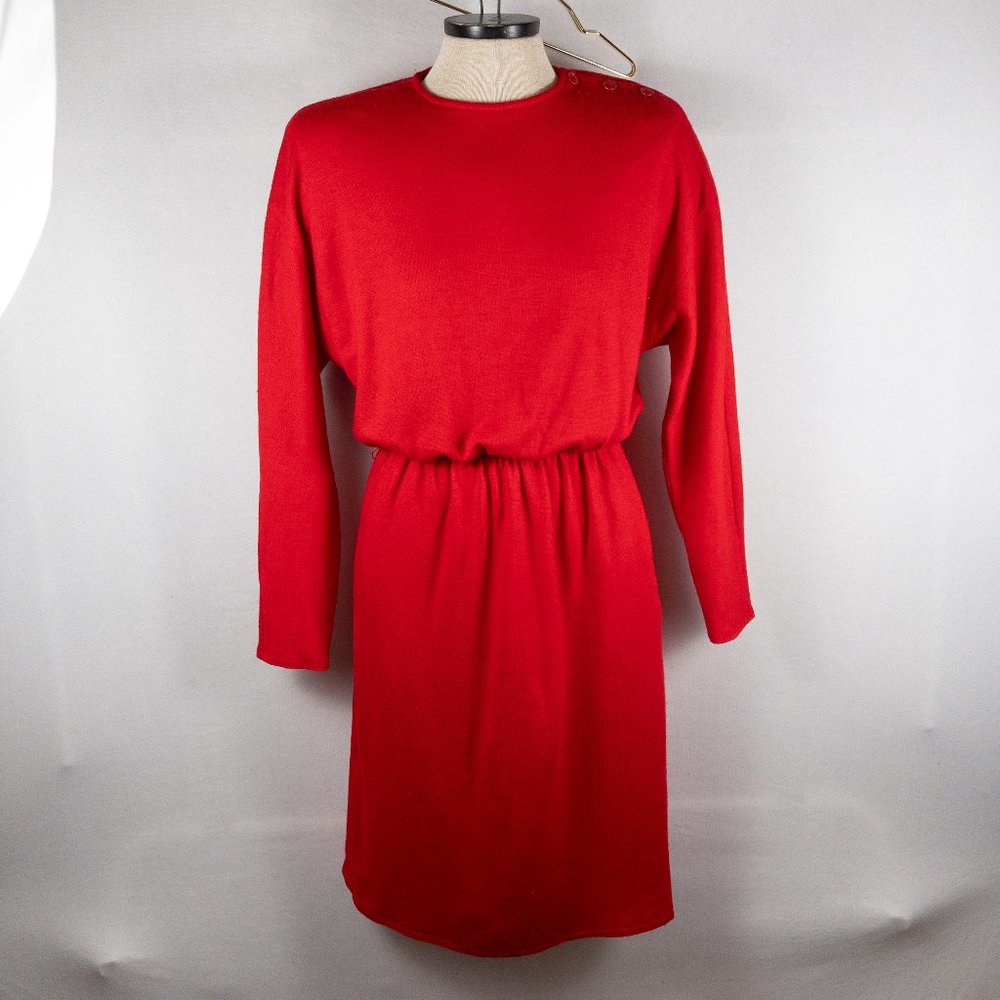 Vintage Christian Dior 80s Red 100% Wool Sweater Dress Pockets Elastic Small
